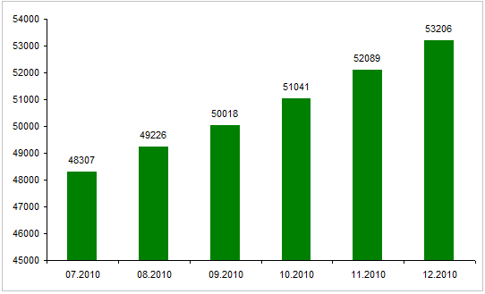 .KZ (07.2010 - 12.2010) доменіндегі домендік есімдердің динамикалық өсуі