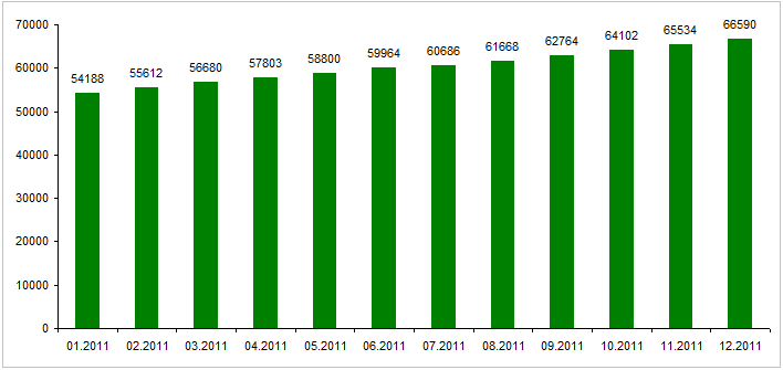 .KZ (01.2011 - 12.2011) доменіндегі домендік есімдердің динамикалық өсуі